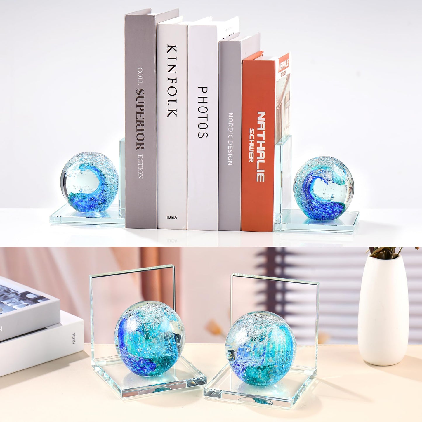 Book Ends for Shelves, Glass Bookends with Deep Ocean Blue Crystal Hand Blown Sea Wave Ball, Non Skid Sturdy Glass Decorative Bookends for Ocean Lovers, Heavy Books, Office, Set of 2
