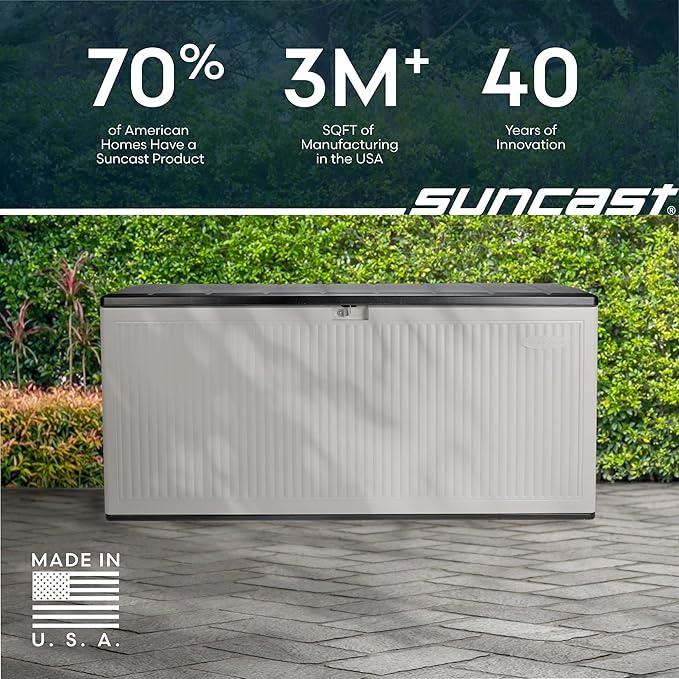 Suncast 160-Gal. Resin Extra-Large Outdoor Patio Deck Box with Pad-Lockable Lid, Modern Reeded Outdoor Patio Bench/Storage Box for Cushions, Garden Tools, and More, Iron Ore/French Gray