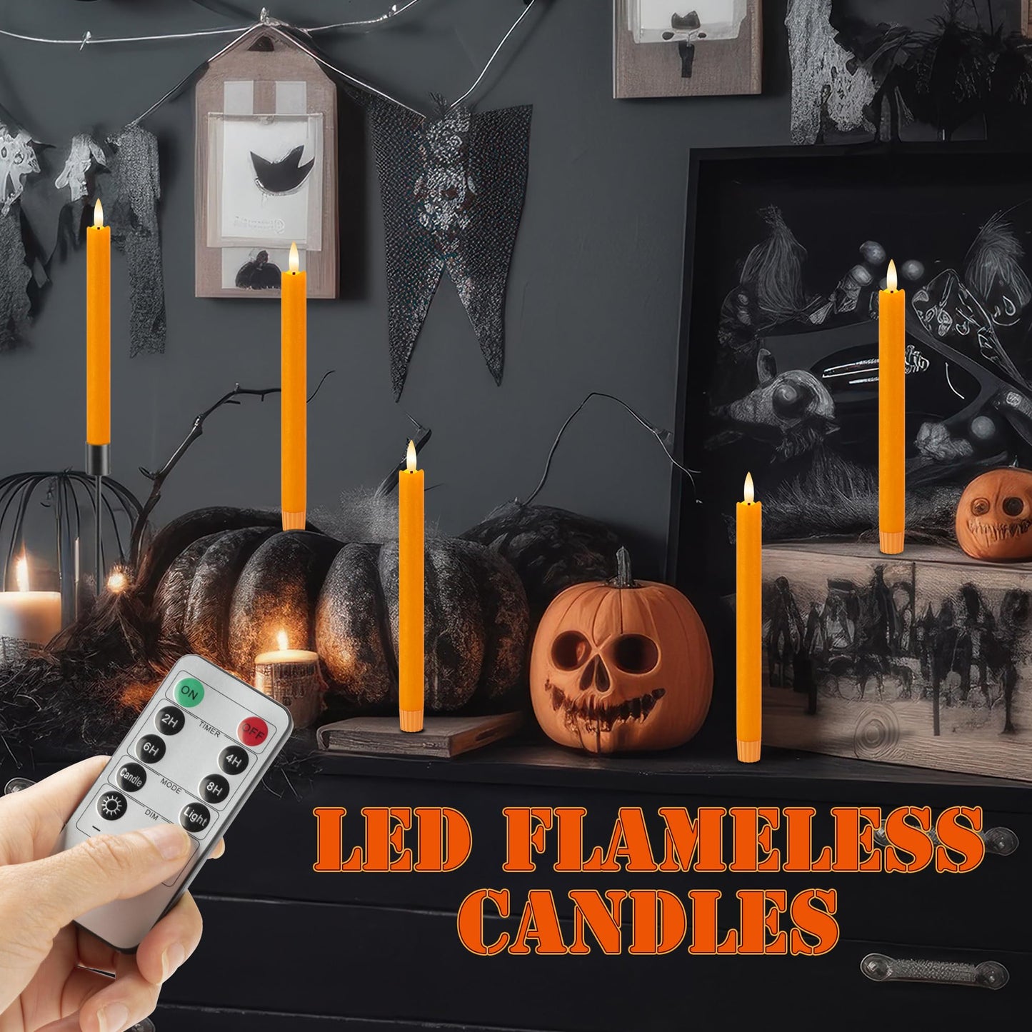 Orange Flameless Candles with Remote, 9.6" Fall Candles with Remote, Real Wax Battery Operated Candles Flickering Flameless Taper Candlessticks for Fall, Thanksgiving, Harvest, Halloween Decor, 3 Pack