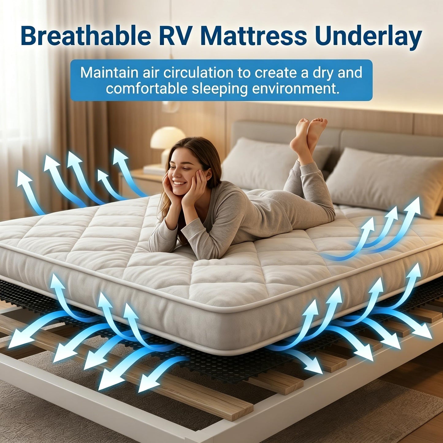 83" L x 59" Inch Plastic Ventilated Mattress Underlay Pad for RV Boat Camper Interlocking Modular Design, Breathable Mesh RV Under Mattress Ventilation Air-Flow (Black)