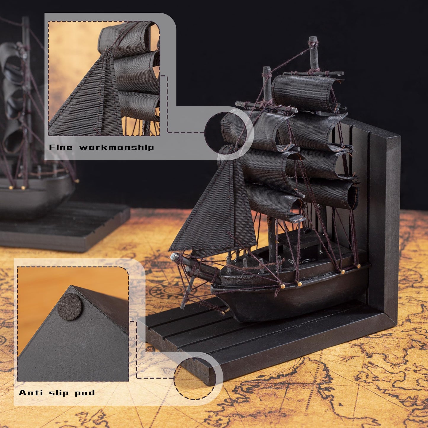 NAUTIMALL Wooden Ship bookends The Black Pearl Pirate 10" Prebuilt Caribbean Coastal Sailboat Decor Nautical Gift for Enthusiasts
