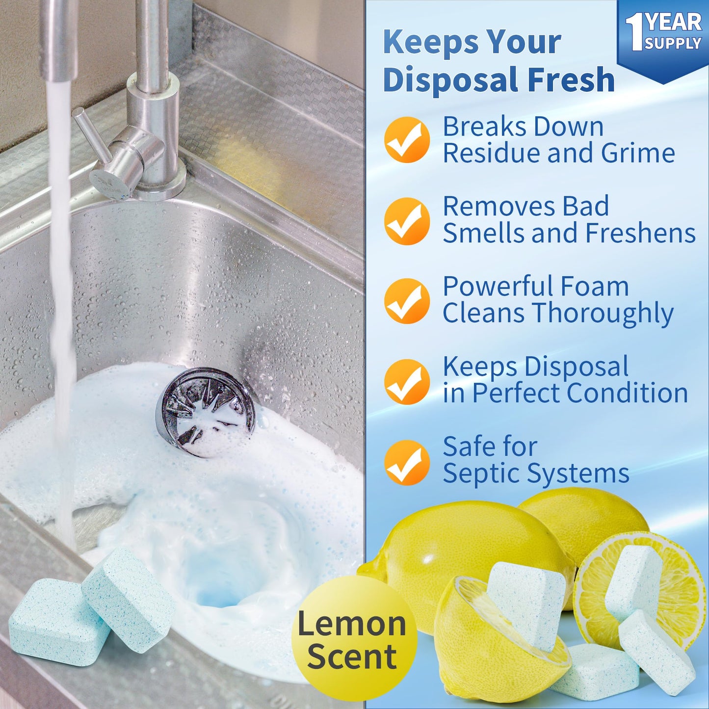 Foaming Garbage Disposal Cleaner and Deodorizer Tablets-24 Pack Food Disposal Cleaner, Quickly Eliminates Odors, XL Powerful Foaming Action, Refreshing Lemon Scent, Natural Ingredients, 1 Year Supply