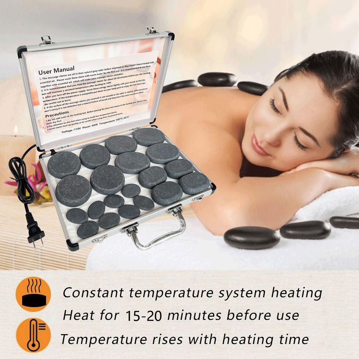 MINGJISHIYE Hot Stone Massage Set, 20 Pieces of Basalt Massage Stones, Suitable for Relaxation in Home spa Heat Therapy