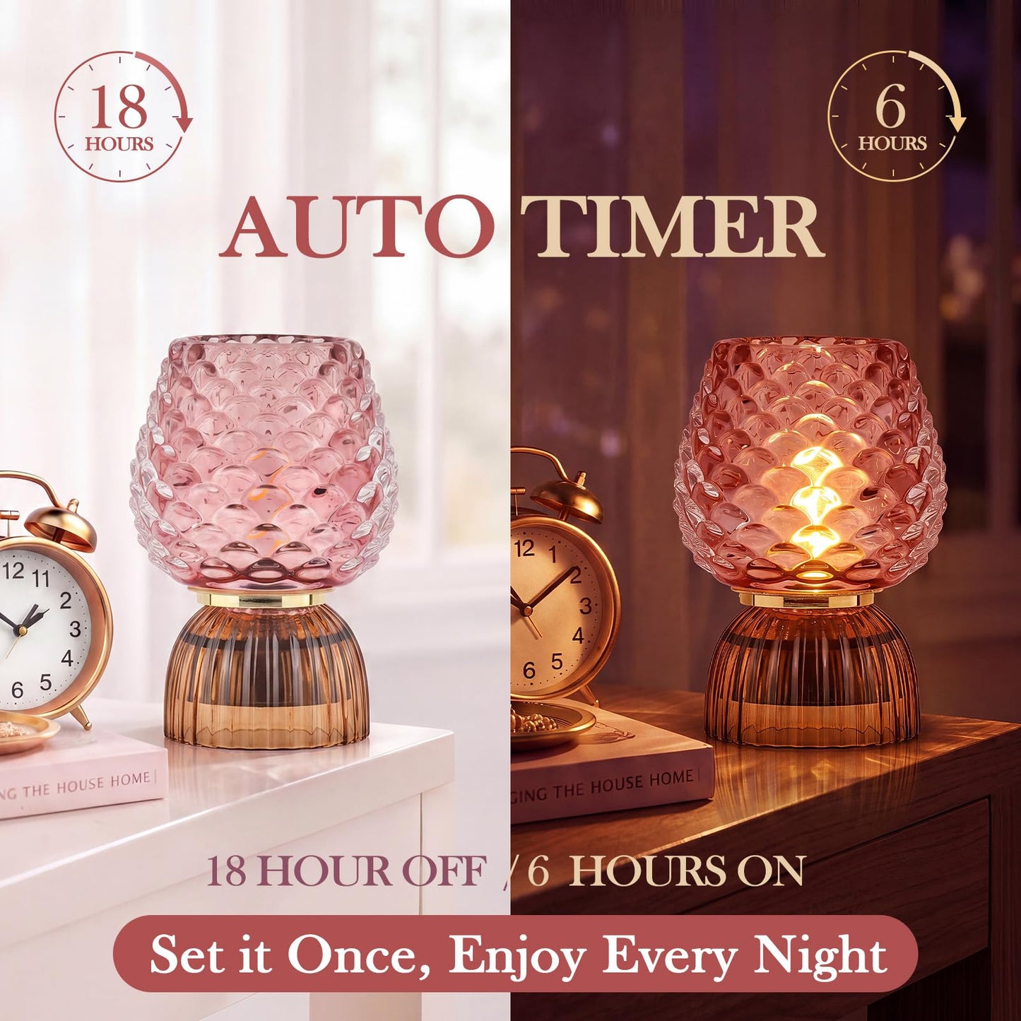 SisiHokai Battery Operated Lamp with Timer, Cute Small Cordless Glass Table Lamp for Home Decor, Kitchen, Bathroom, Birthday Gift for Women, Pinecone, Pink