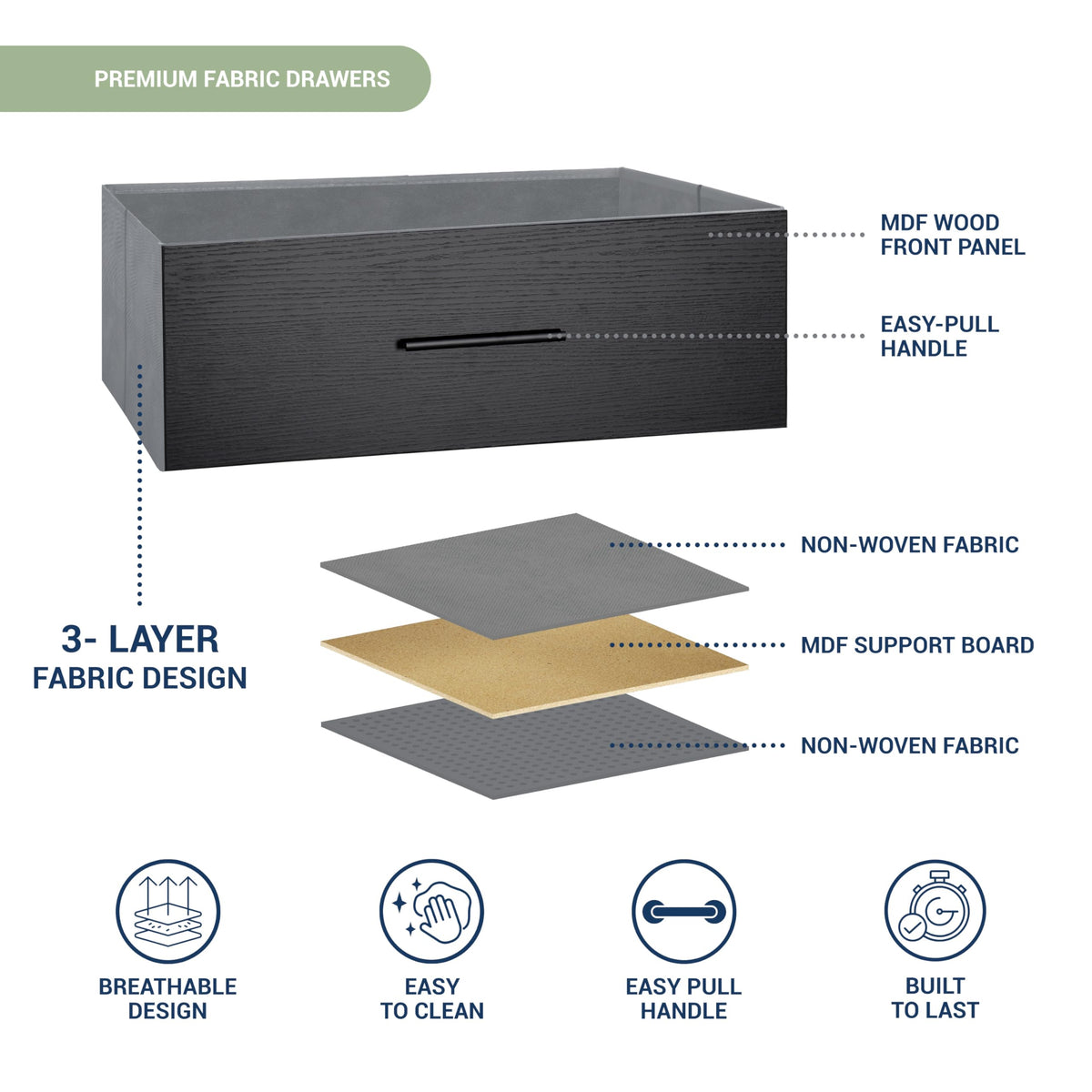 5-Drawer Dresser with Extra Large Fabric Drawers, Wood Frame Dresser with 5 Drawers for Bedroom or Living Room Storage, Hallway, Fabric Bins for Closet or Hallway Storage Organizer, Toy Chest, Black
