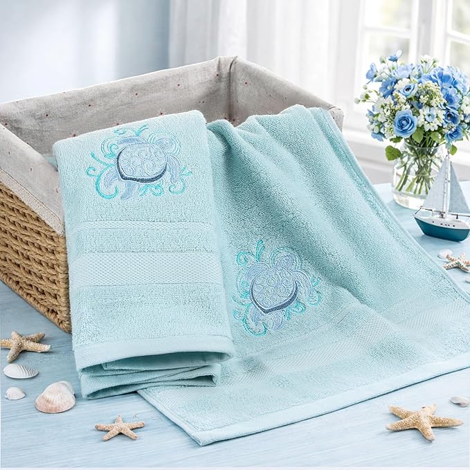 2 Pcs Sea Turtle Floral Hand Towels Pastel Blue Bathroom Decor 14x29 Inch