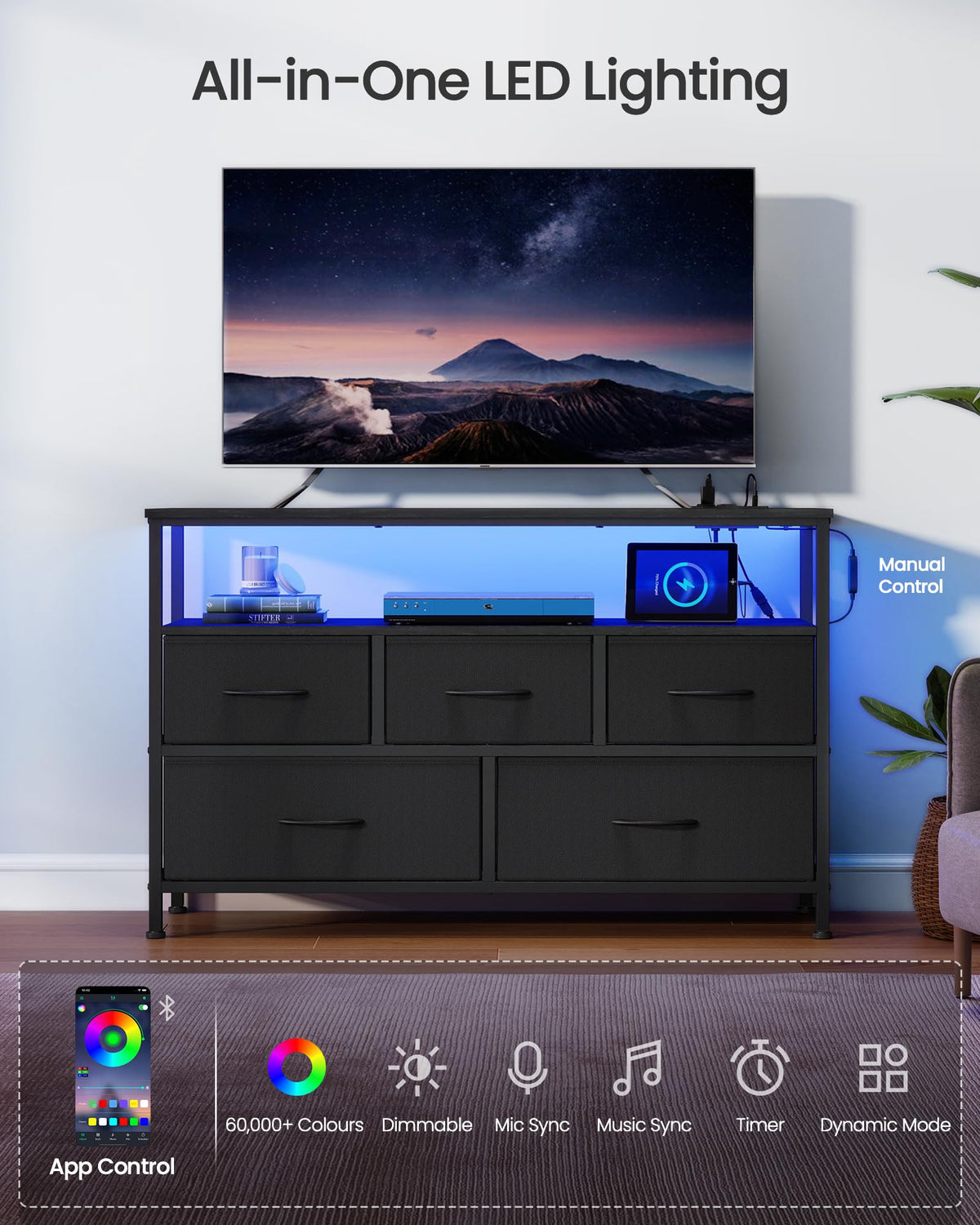 SONGMICS BELLAH Collection - Dresser for Bedroom with App-Controlled LED Lights and Charging Station, Chest of Drawers, TV Stand, 5 Drawers, Shelf, Modern, Ink Black ULGS723BH02S