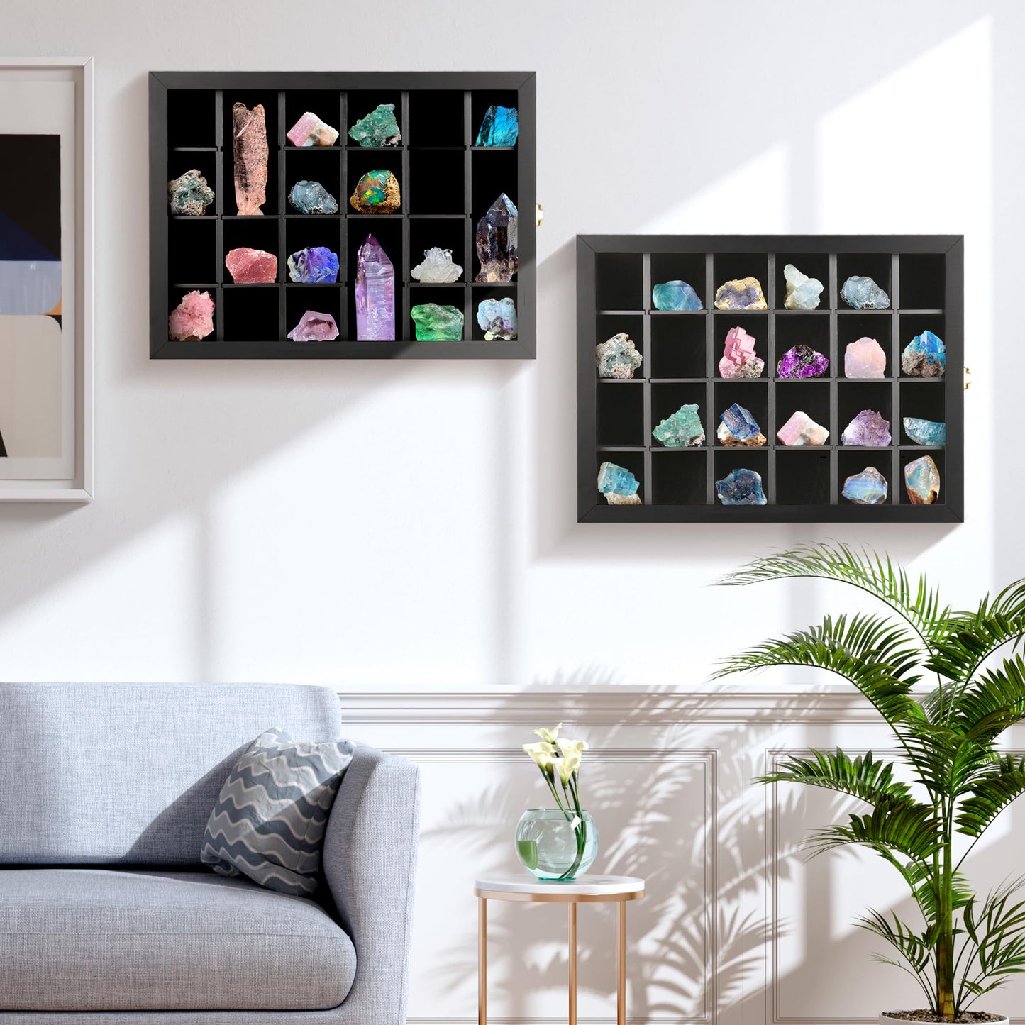 Adjustable Rock Display Case Wall Mounted, Crystal Collection Box with Shelves, Wooden Rock Collection Box for Kid and Collectibles