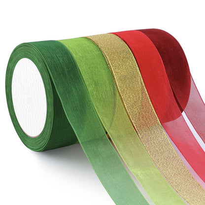 Organza Ribbon Sheer Ribbon, 1" x 125 Yd 5 Rolls Christmas for Gift Wrapping, Bouquet, Wedding, Party Decoration, Christmas