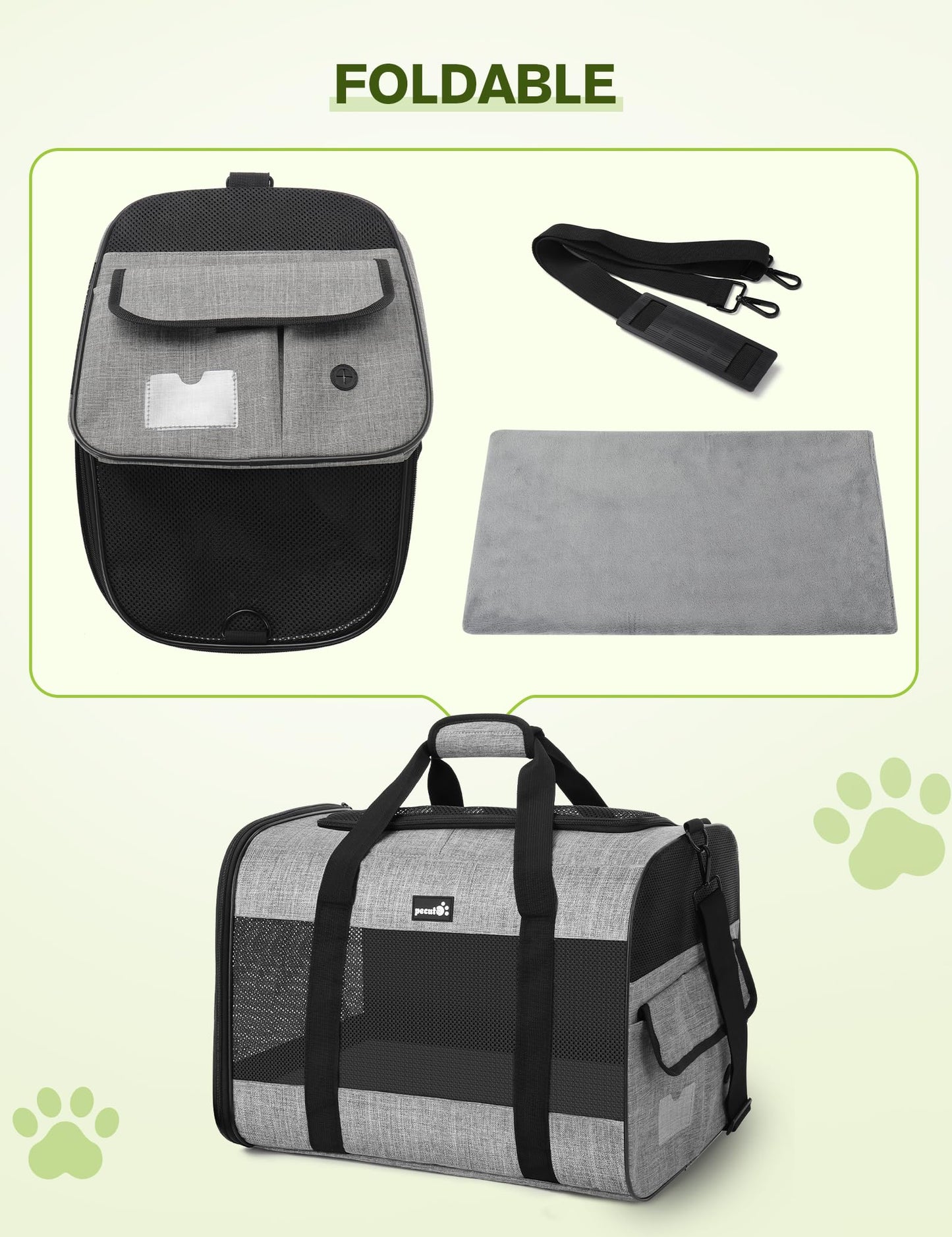 pecute Pet Carrier Bag, Cat Carrier Handbag, Portable Dog Travel Bag with Foldable Bowl, Breathable Mesh Fabric, Suitable for Both Long And Short Trips, Used for Cats and Puppies (XL,Grey)