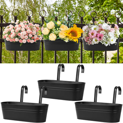 Zishine 15.7 Inch Metal Iron Hanging Flower Pots 3 Pcs Iron Railing Fence Planter with Drainage Holes and Hooks Metal Hanging Bucket Pots for Porch Railing Balcony Fence(Black) (3, Black)