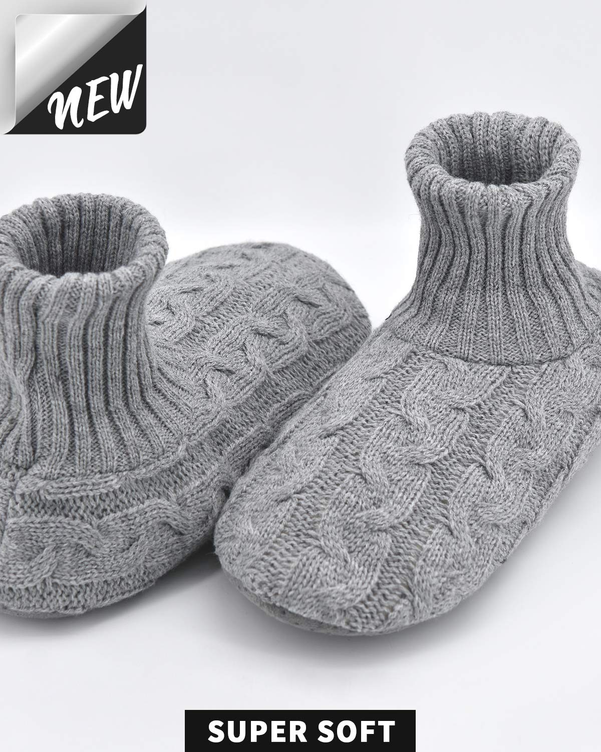 Panda Bros Men's Slipper Socks, Winter Cable Knit Non-Skid Warm Cozy Soft Indoor Socks With Fluffy Sherpa Lined