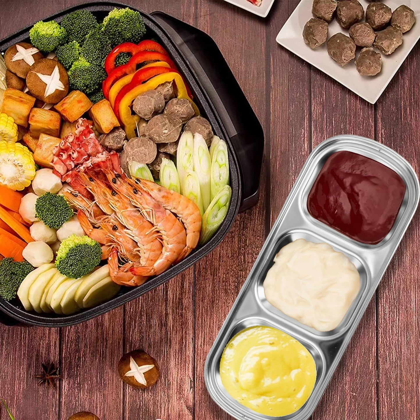 UCEHIPAW 24 Pcs Soy Sauce Dish Stainless Steel Korean 3 Compartment Dip Sauce Bowls Home Tray Divided Seasoning Dipping Condiment Plate for Restaurant Spice Salt Sugar Vinegar BBQ (Silver)