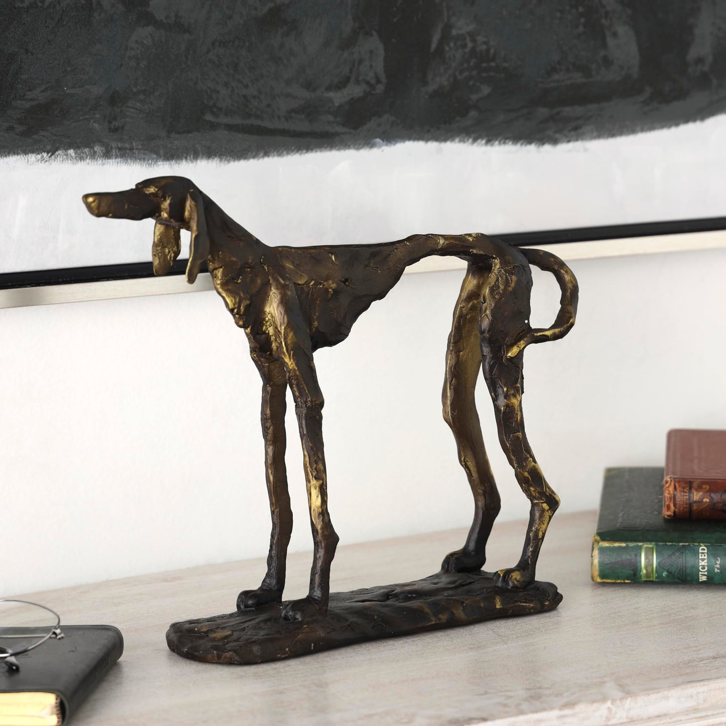 Deco 79 Polystone Dog Decorative Sculpture Distressed Slim Frame Home Decor Statue with Gold Accents, Accent Figurine 14" x 4" x 11", Bronze