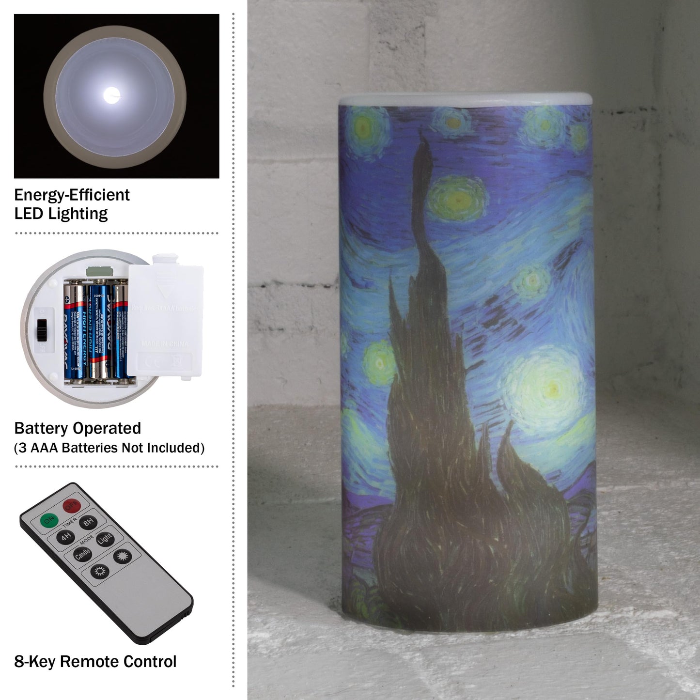 Lavish Home Flameless Candles - 2-Pack Van Gogh Starry Night Battery Operated Candles with Remote and Flickering Light for Home Décor