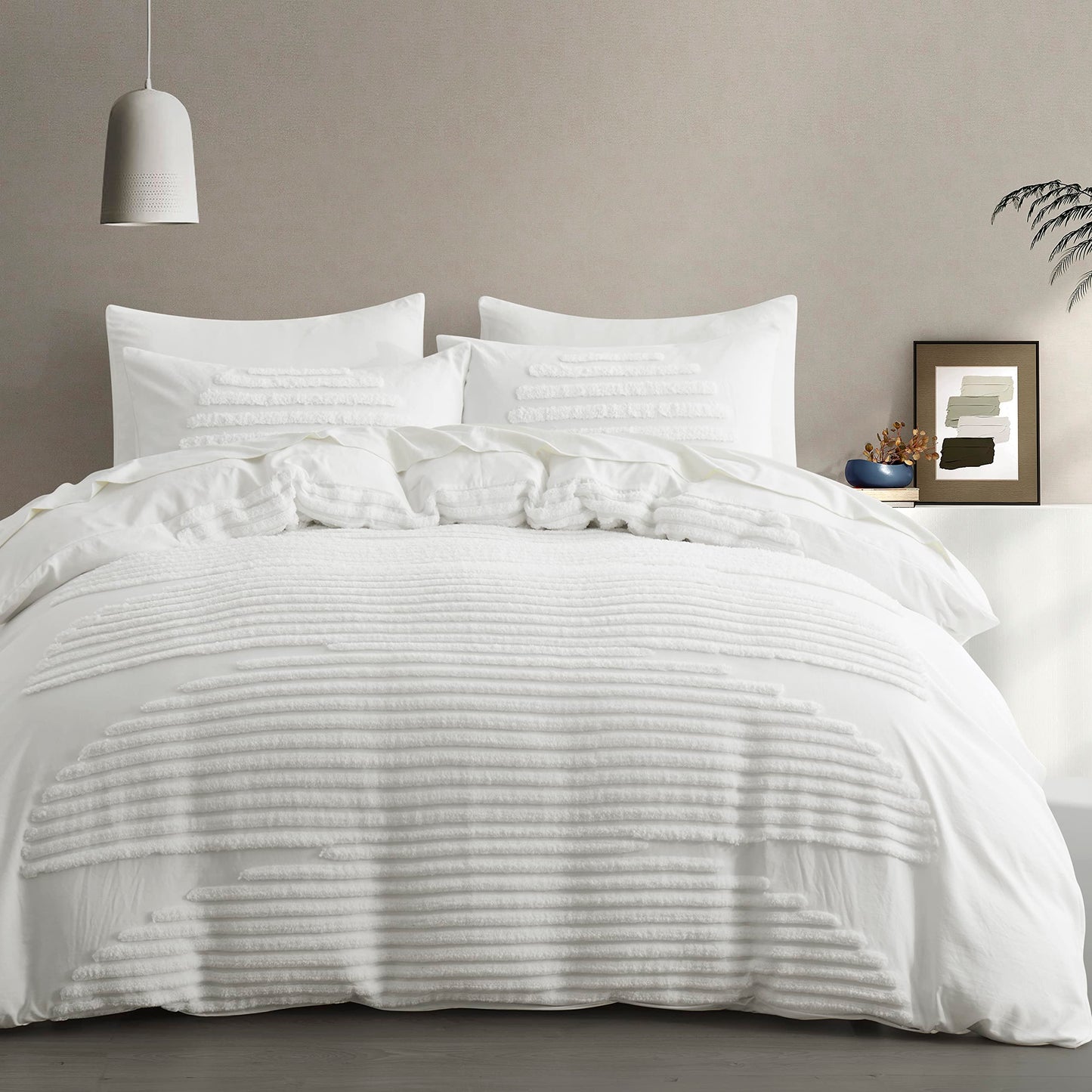 BEDAZZLED Queen Size Duvet Cover, 5 Pieces White Textured Duvet Cover Sets, Soft and Breathable Boho Tufted Bedding Comforter Cover Set for Gifts, Comforter Not Included (White, Queen)
