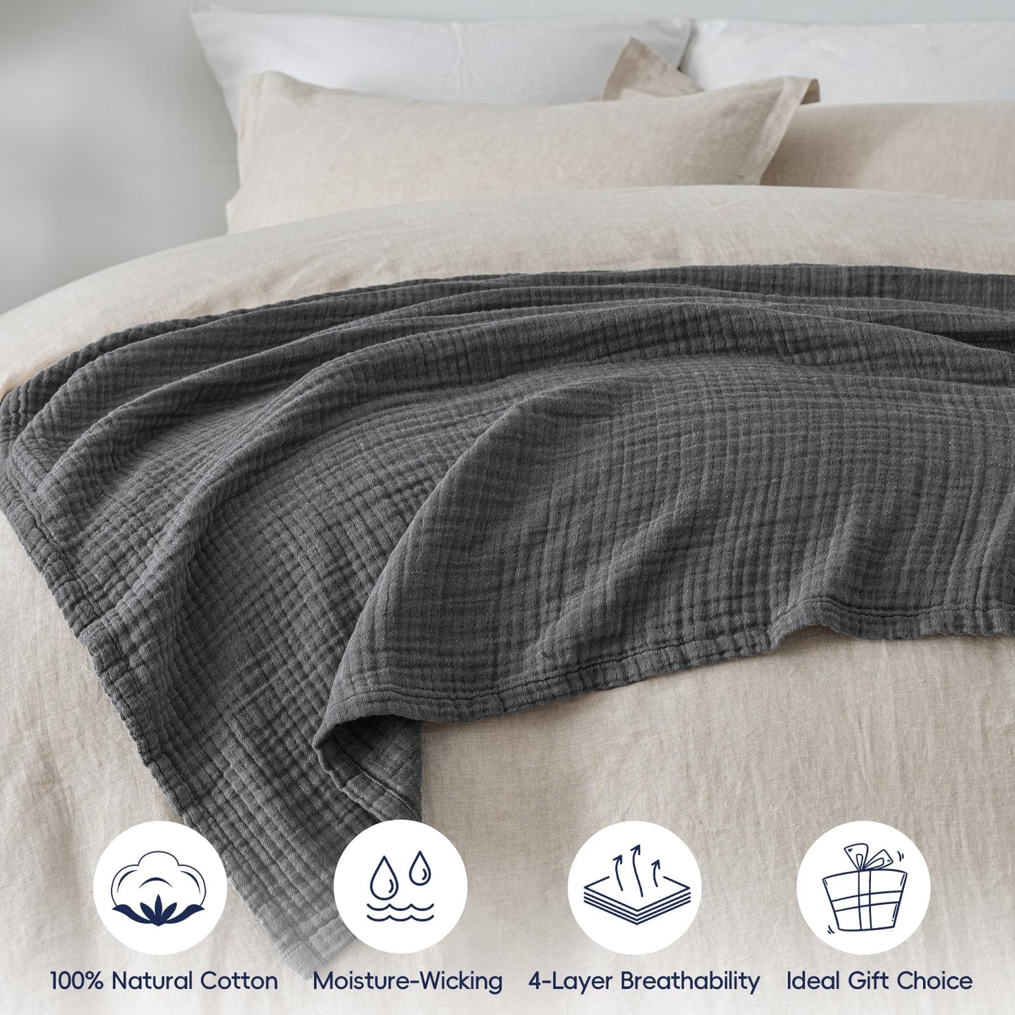 PHF 100% Cotton Muslin Throw Blanket 50" x 60", 4-Layer Lightweight Gauze Throw, Breathable Cloud-Soft Minimalist Blanket for Bed, Couch, Camping & Baby, Greyish Black, Ideal Gift