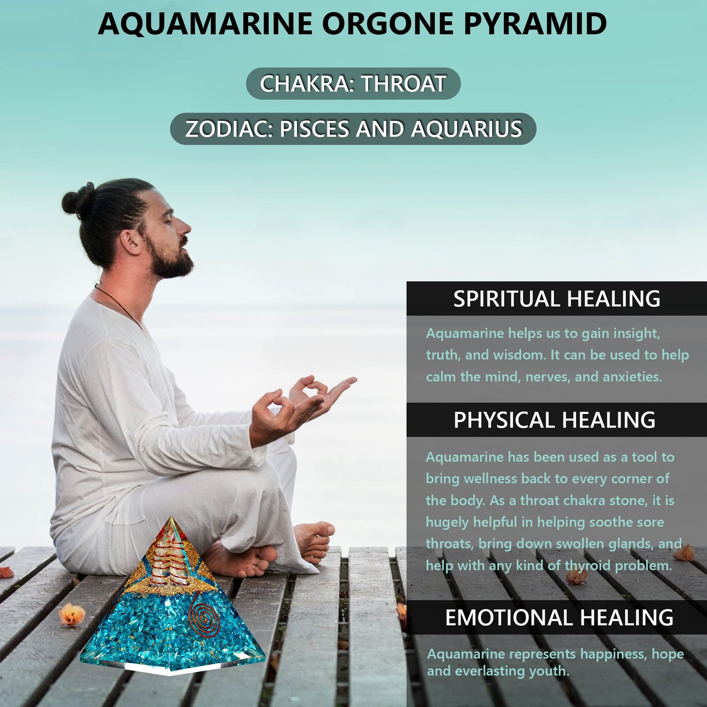 Anaya Agate Aquamarine Orgone Pyramid, Aquamarine Crystal Pyramid w/Positive Energy, Handmade Orgonite Pyramids for Chakra Cleansing, Mindfulness, Crystal and Healing Stones, Christmas Gifts for Women