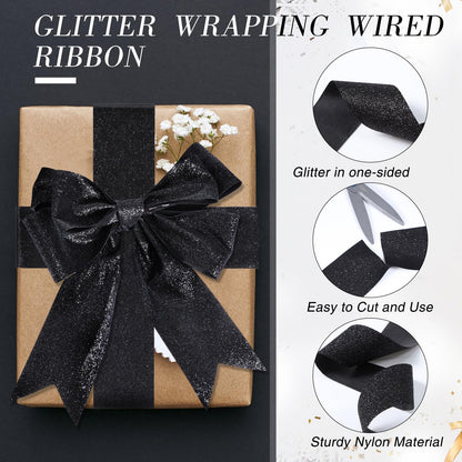 LOYIM Black Glitter Ribbon 20 Yards Shiny Wrapping Cut Edge Ribbon for Gift Wrapping Crafts Wreath Tree Decoration Holiday DIY Party Wedding Home(2 Inch Wide,Black)