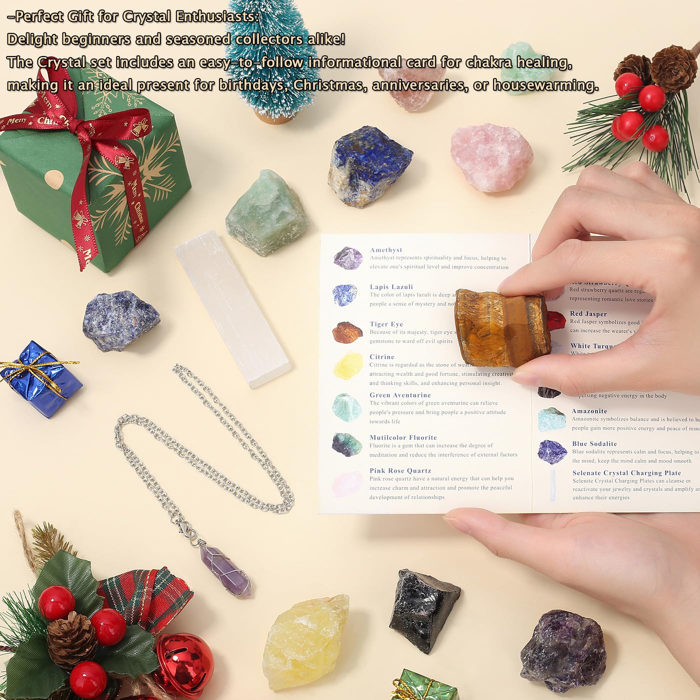 MAIBAOTA 17 Pcs Crystals and Healing Stones 14 Pcs Raw Healing Crystals and Chakra Stones Set Amethyst Rose Quartz Selenite Gemstones Necklace for Meditation Guide for Beginners (with Gift Box)
