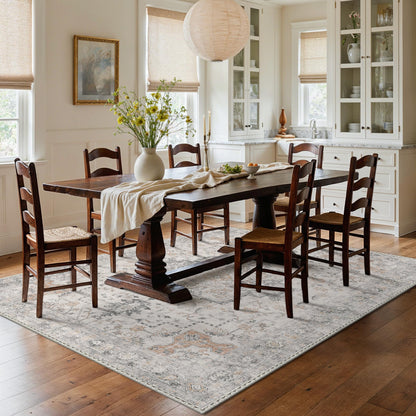 GENIMO 5X7 Area Rugs for Living Room, Machine Washable Non Slip Vintage Rugs, Low Pile Lightweight Chenille Print Rug for Bedroom, Dining Room, Home Office, Light Taupe Brown