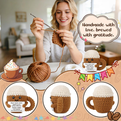 Xinezaa Best Team Coffee Cup Gift, Employee Appreciation for Coworkers, Work, Bestie, Manager, Teacher, Cute Crochet Desk Buddy for Office Cubicle Decor, Team Celebration Thank You Gift