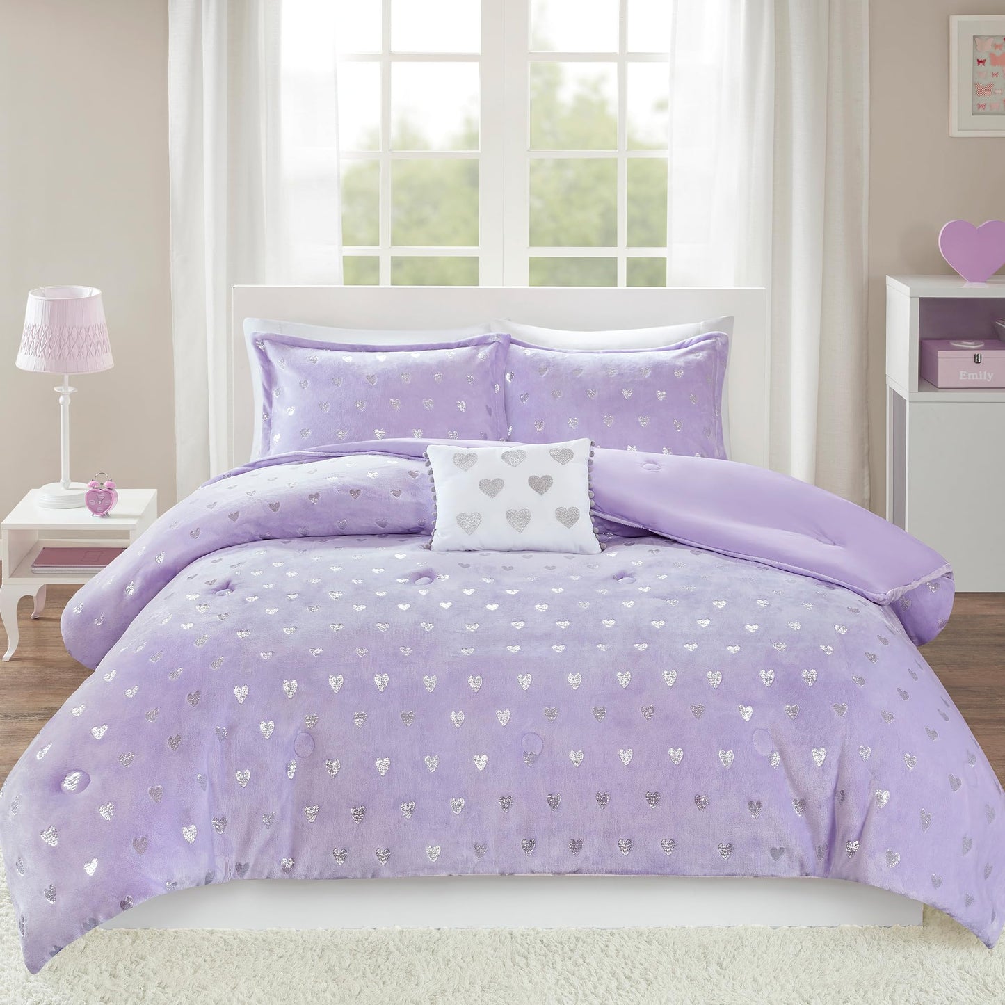 Intelligent Design Twin Comforter Set, 3 Piece Metallic Hearts Cozy Bedroom Set for Girls, Twin Bed Set Soft & Plush Comforter, All Season Fluffy Bedding Set, Rosalie, Twin/Twin XL, Purple Silver