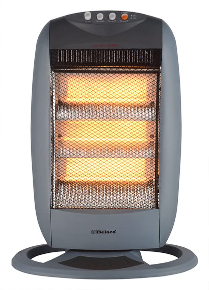 Belaco Halogen electric Heater portable heater with 3 Heat Settings 3 Bar resistant base 1200W 90 Degree Oscillation Compact Carry Handle Safety Tip Over Switch Gray