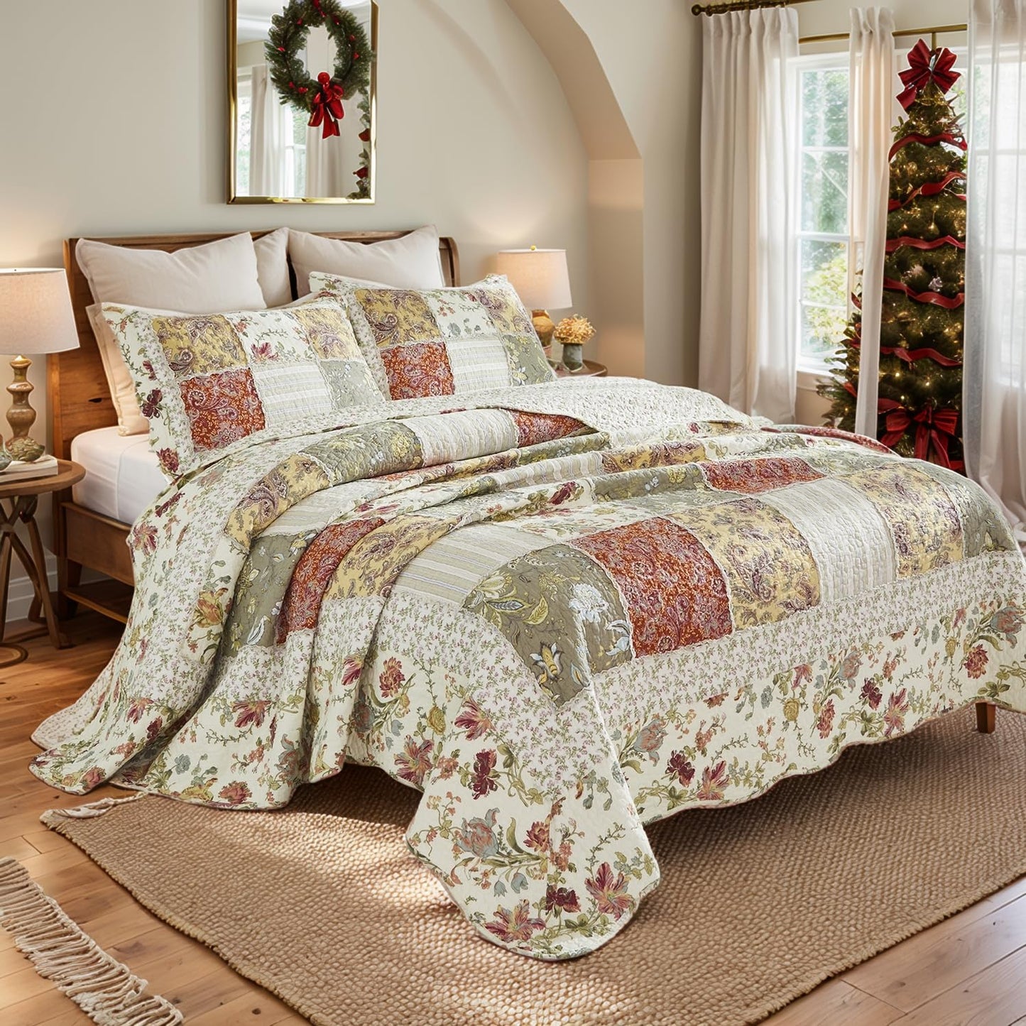 Brandream Queen Size Quilt Set Cotton Farmhouse Patchwork Quilts American Country Quilted Comforter Set 3-Piece