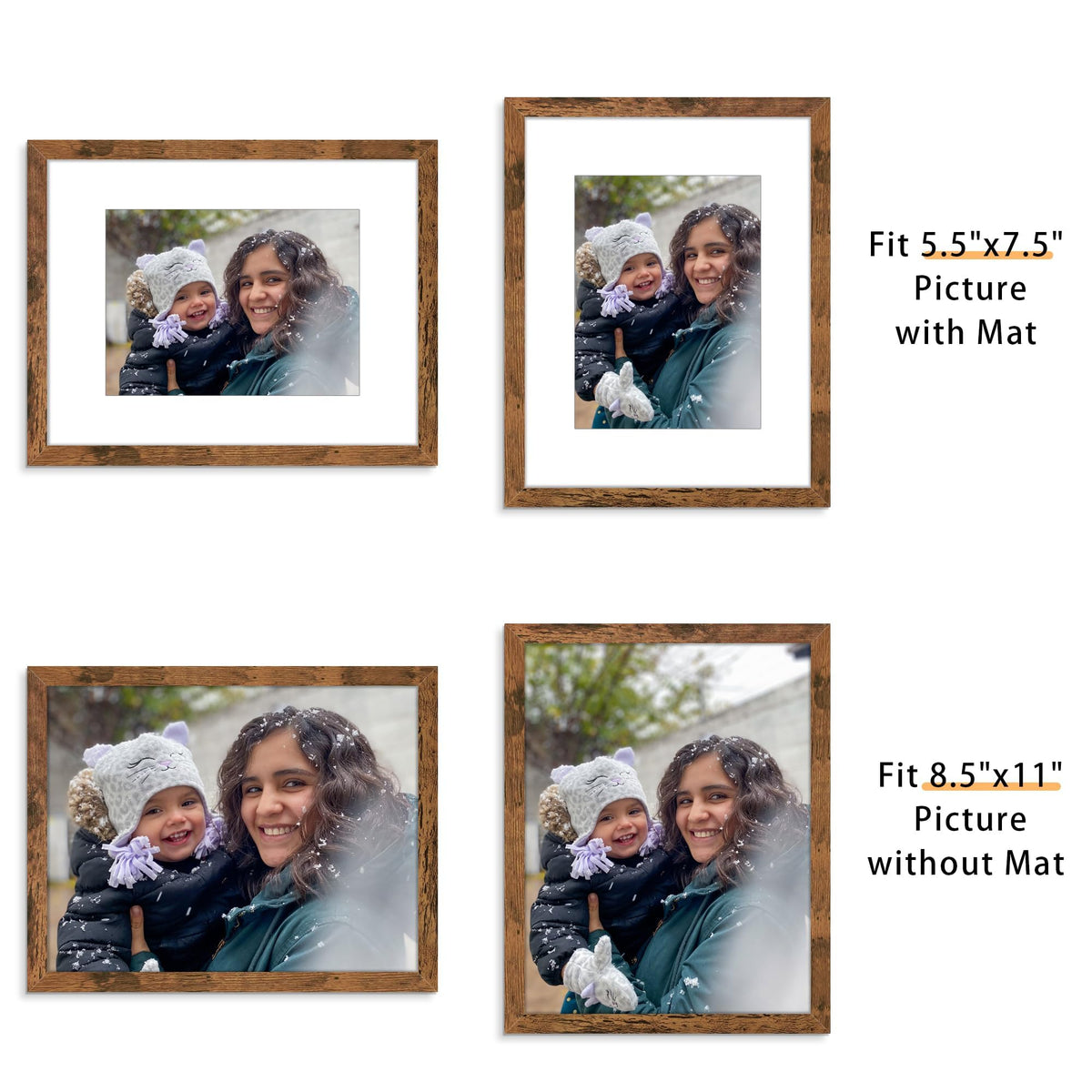 Picrit 8.5x11 Picture Frame Set of 12, Display 6x8 with Mat or 8.5 x 11 without Mat, Photo Frames for Wall Mounting or Table Top Display, Brown