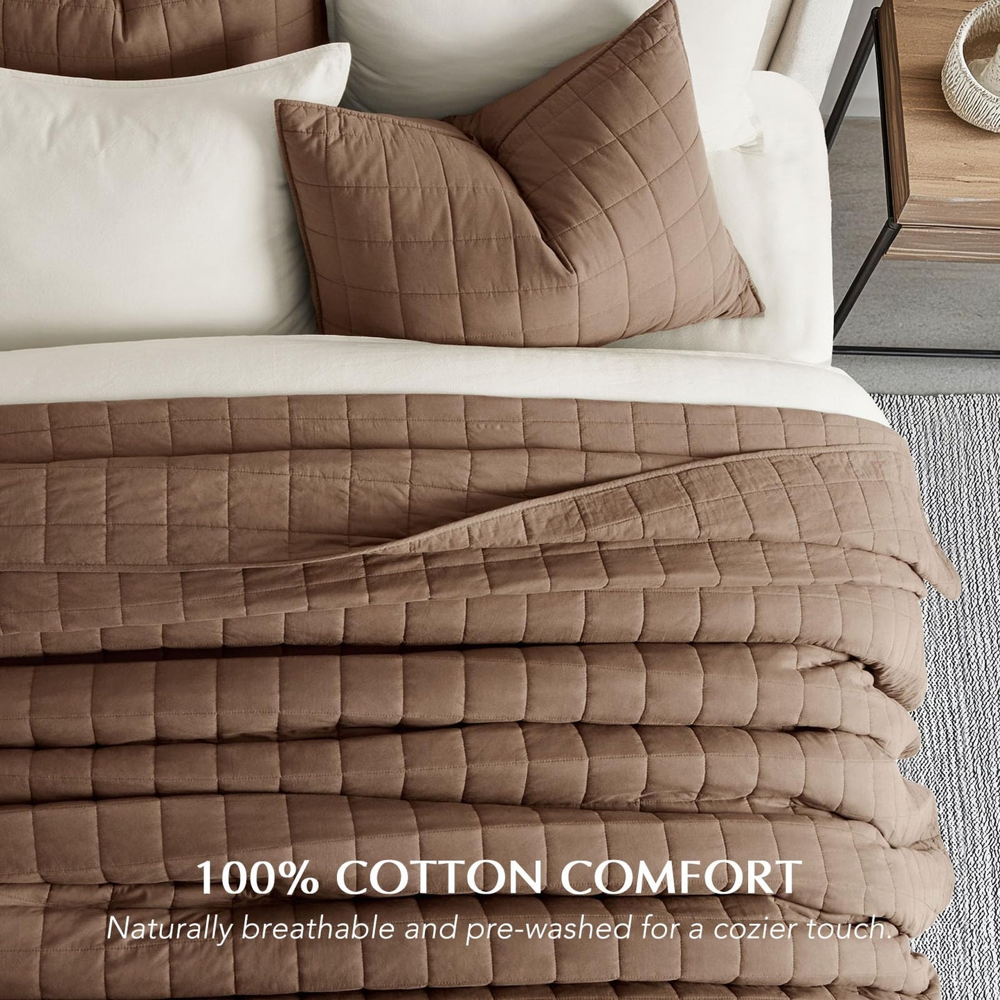 EVERGRACEHOME 100% Cotton Box Stitch Quilt Bedding Set Queen Size 3 Pieces, Garment-Washed Lightweight Soft Cozy Coverlet, Quilted Bedspread Sets with 2 Shams for All Season, Sienna Brown
