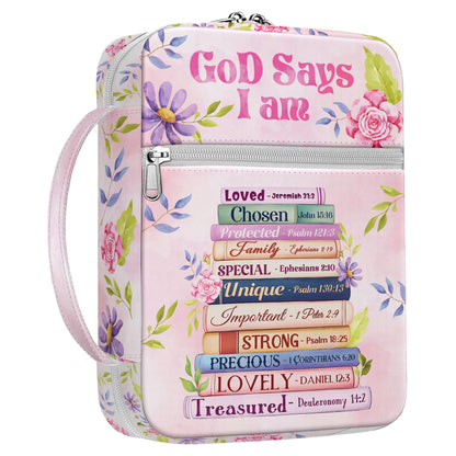 MYSMOR God Says I Am Bible Cover for Women, Floral Scripture Bible Case with Handle and Zipper Pocket, Christian Bible Bag for Girls and Ladies, Inspirational Gift for Church and Study Use
