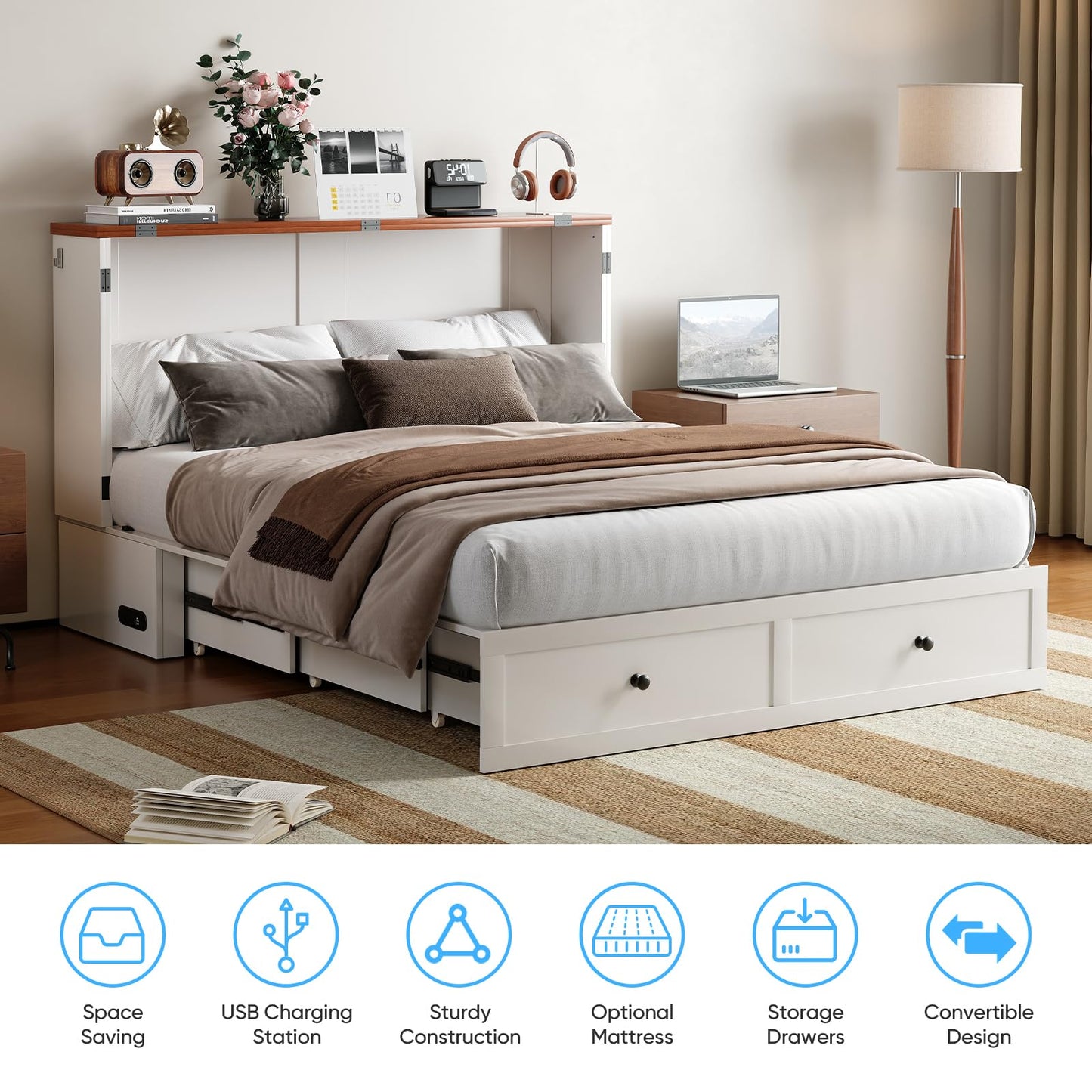Mjkone Queen Murphy Bed with Tri-Fold Mattress, USB Charging Station & 2 Storage Drawers, Hidden Folding Chest Cabinet Bed, Space Saving Wall Beds for Bedroom Guest Room Living Room-White