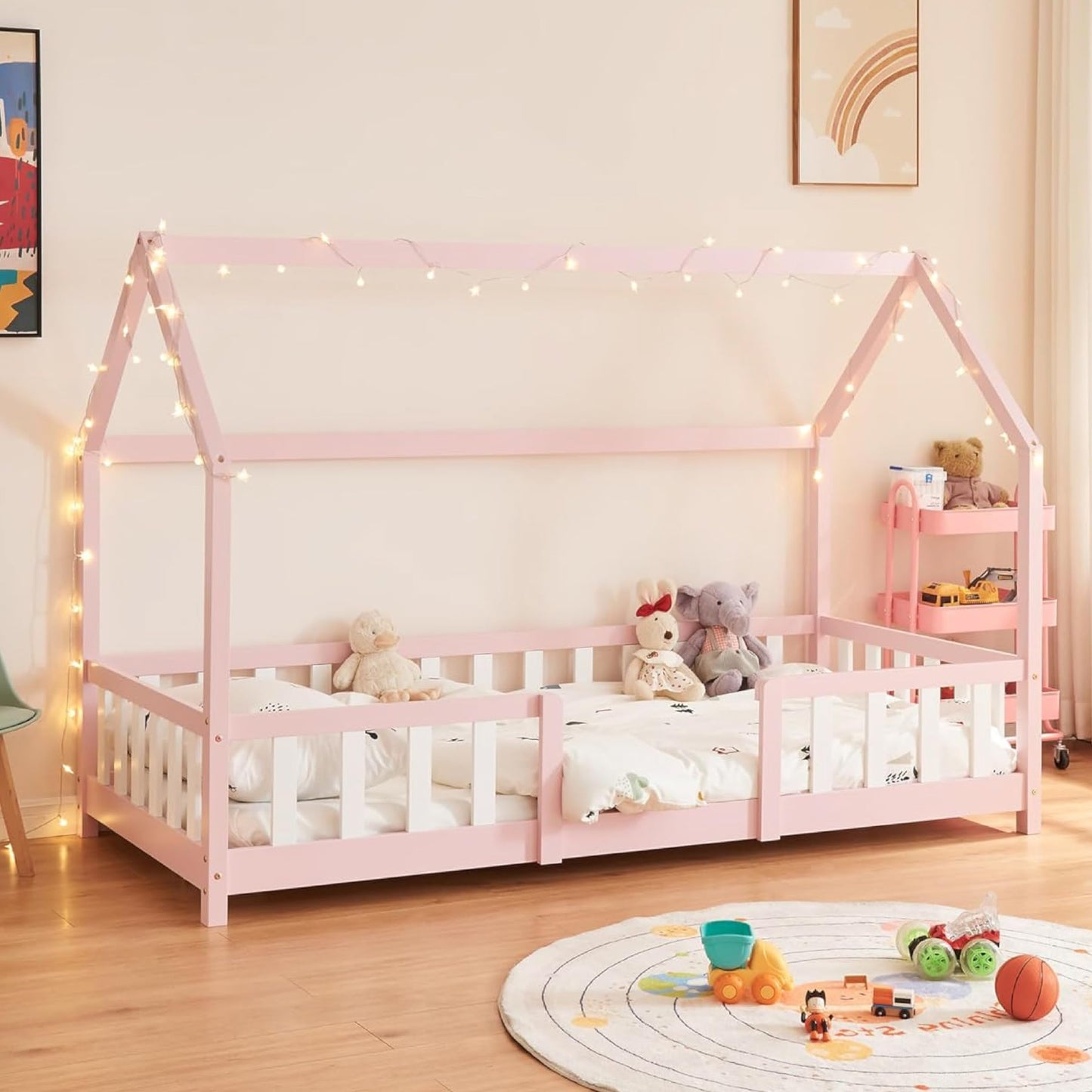 [en.casa] Children's bed Sisimiut House bed 90 x 200 cm with fall-out protection Slatted frame Pine Pink/White