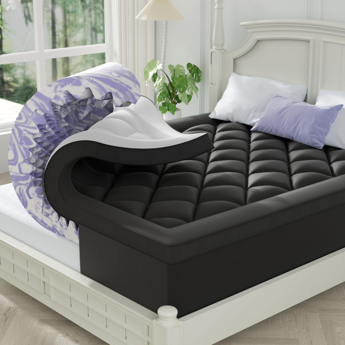 ChiXpace Dual Layer 4 Inch Memory Foam Mattress Topper Queen - 2 Inch Gel Memory Foam and 2 Inch Pillow Top Mattress Pad, 7-Zone Egg Crate 2-in-1 Design (Black-White)
