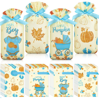 Funrous 60 Pcs Thanksgiving Little Pumpkin Treat Bags Fall Baby Shower Drawstring Candy Goodie Bags Bulk Autumn Maple Leaf Party Favors for Gender Reveal Birthday Supplies(Blue)