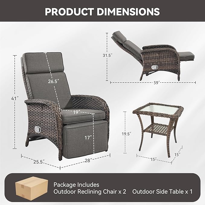 3 Pieces Zero Gravity Wicker Patio Recliner Chairs Set of 2 - Wicker Outdoor Lounge Chair with Side Table, Adjustable Backrest & Footrest, High Back Outdoor Recliner Chair for Pool Deck Gray