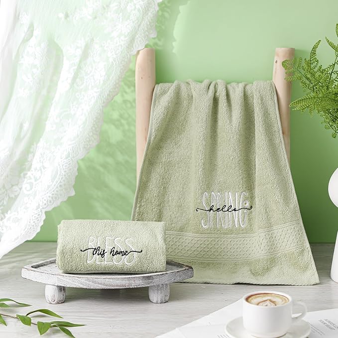 2 Pcs Hello Spring Hand Towels Gray Green Bathroom Decor 14x29 Inch 100% Cotton
