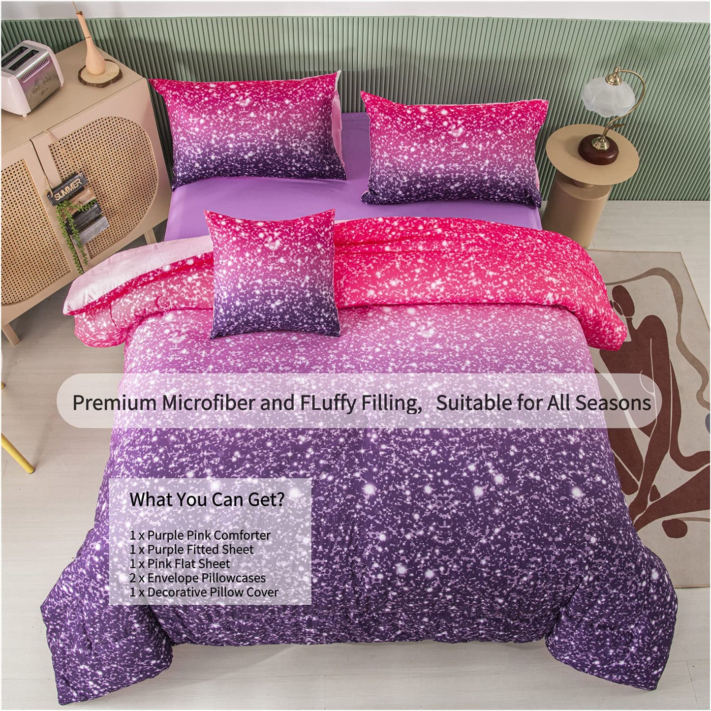 RYNGHIPY 6Pcs Twin Gradient Pink Purple Glitter Comforter Sets for Teens Girls Kids, Colorful Rainbow Glitter Themed Bedding Set