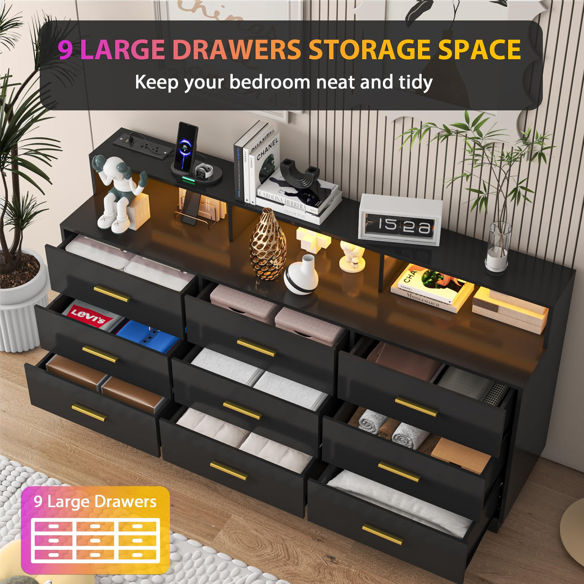 knoworld Black 9 Drawer Dressers for Bedroom, Modern Large Dresser with LED Light and Power Outlet, Wooden Long Dressers, Triple Dresser for Bedroom, Entryway, Hallway