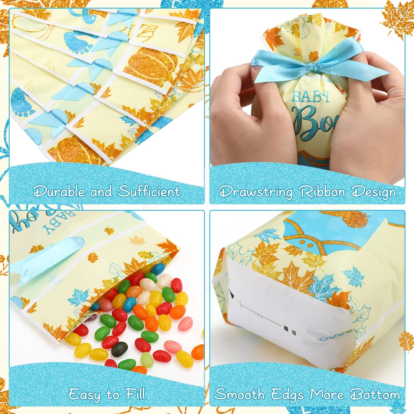 Funrous 60 Pcs Thanksgiving Little Pumpkin Treat Bags Fall Baby Shower Drawstring Candy Goodie Bags Bulk Autumn Maple Leaf Party Favors for Gender Reveal Birthday Supplies(Blue)