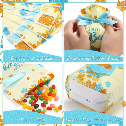 Funrous 60 Pcs Thanksgiving Little Pumpkin Treat Bags Fall Baby Shower Drawstring Candy Goodie Bags Bulk Autumn Maple Leaf Party Favors for Gender Reveal Birthday Supplies(Blue)