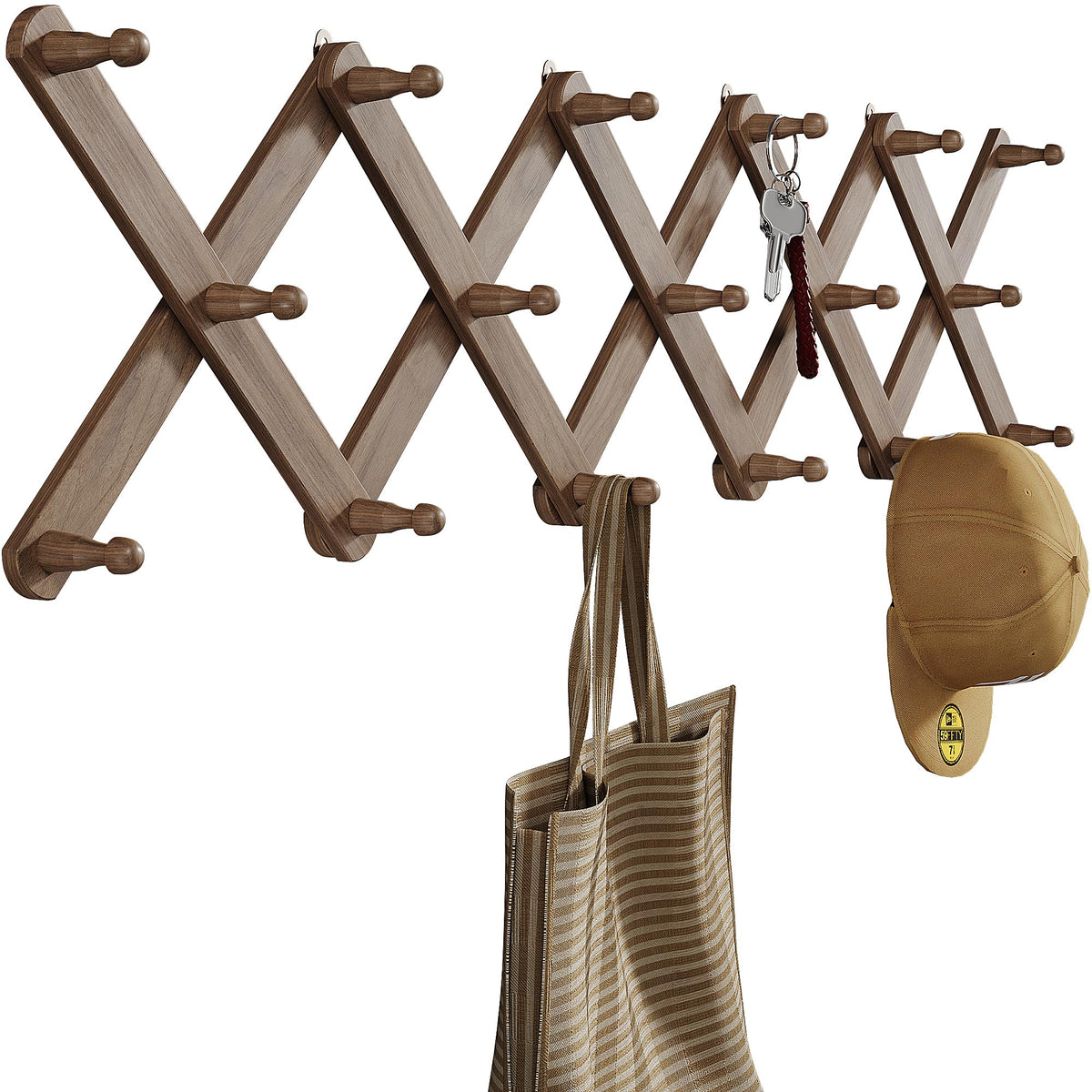 OROPY Accordion Wall Hanger with 17 Pegs, Expandable Wooden Coat & Hat Rack