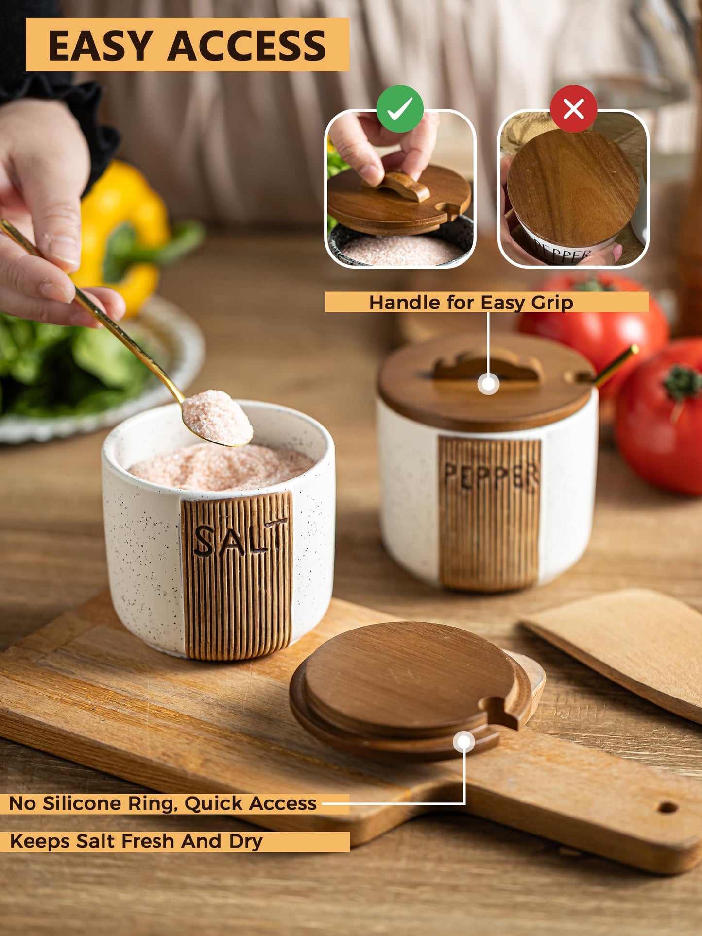YHOSSEUN YHOJOY Ceramic Salt and Pepper Bowl, 10 Oz Salt Cellar with Lid and Spoons, Salt Containers for Countertop