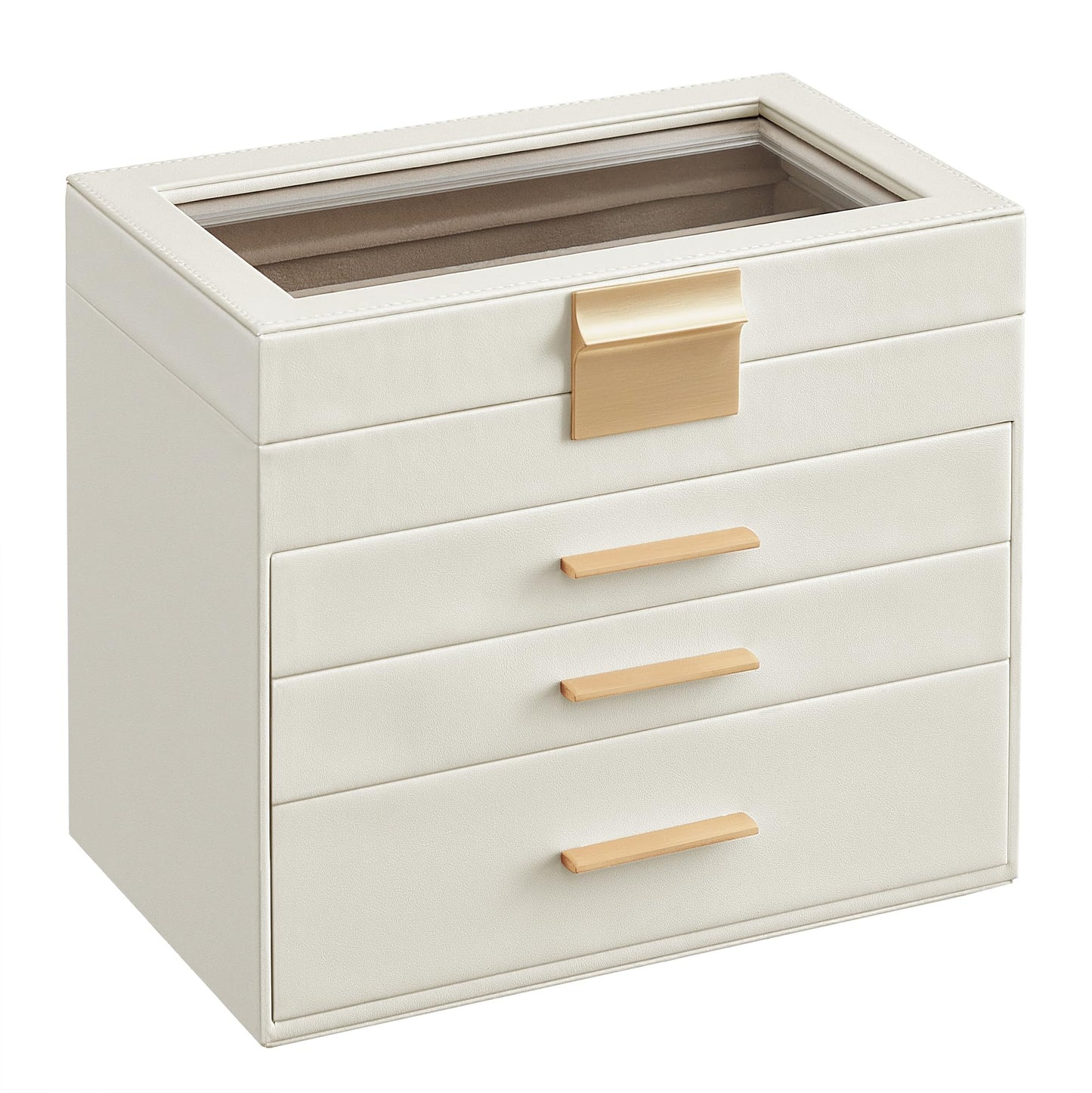 SONGMICS Jewellery Box with Glass Lid, 4-Layer Jewellery Storage Organiser with 3 Drawers, Plenty of Storage, Modern, Gift Idea, 15.3 x 25.1 x 21.5 cm, Cloud White and Gold Colour JBC161W01