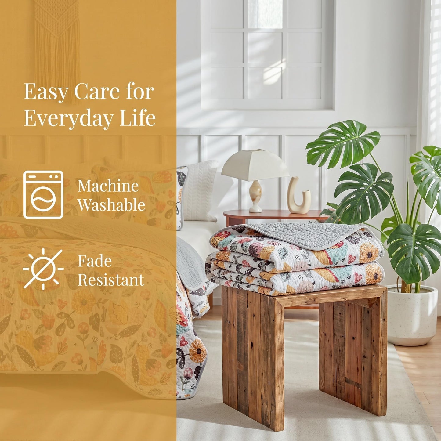 SANOCAY Boho Floral Quilt Set Queen Size, 3 Piece Lightweight Summer Bedding Set with 2 Pillow Shams, Soft Reversible Microfiber Bedspread, Farmhouse Coverlet for All Season (Bird, Queen)