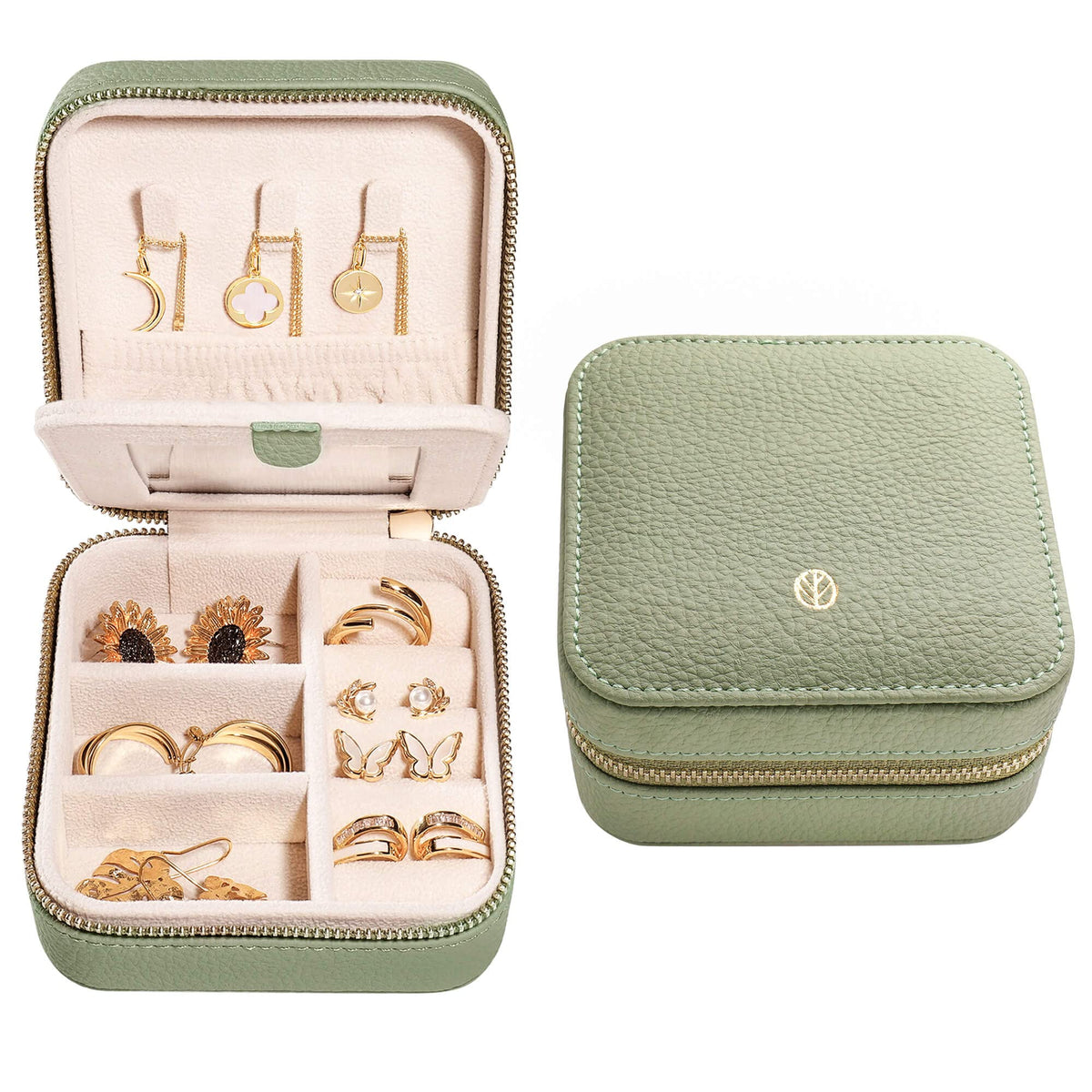 S.Leaf Travel Jewelry Organizer Boxes for Women Small Portable Necklace Earrings Bracelet Rings Travel Case Best Friend Birthday Gifts for Women Trendy (01_Lychee_Sage_Green)
