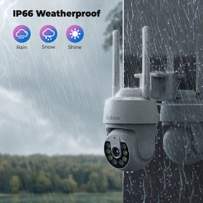 Codnida 2K Security Camera Outdoor, 360° PTZ WiFi Camera, CCTV Camera with 24/7 Recording, PIR Human Detection, Sound and Light Alarm, Support 16-128G SD Card, Works with Alexa