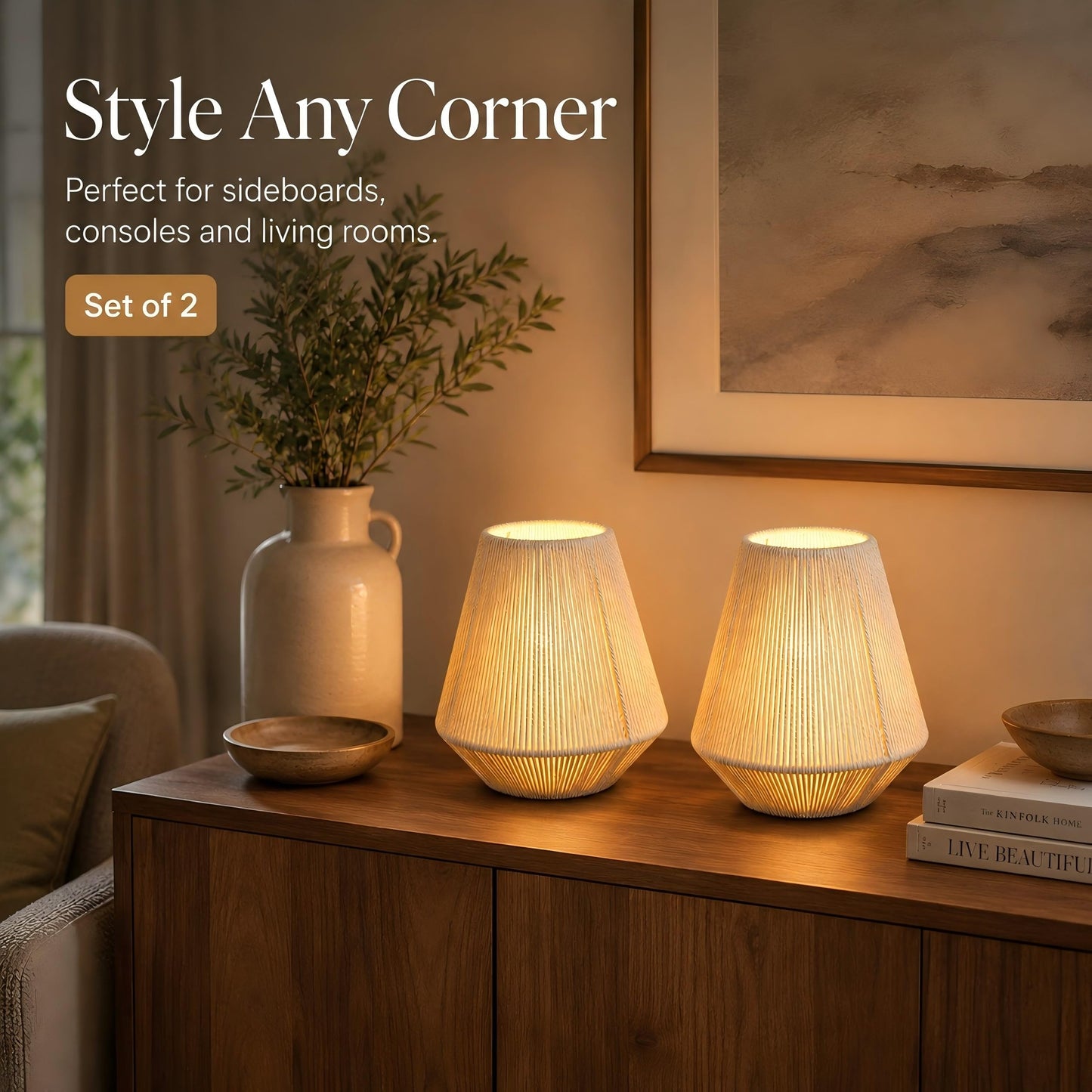 JHY DESIGN Set of 2 Woven Lampshade Table Lamps 8" H Cotton Rope Bedside Light‌s Cordless Decorative Battery Operated Lamps with 6 Hours Timer for Bedroom Living Room Home Parties Patio Events