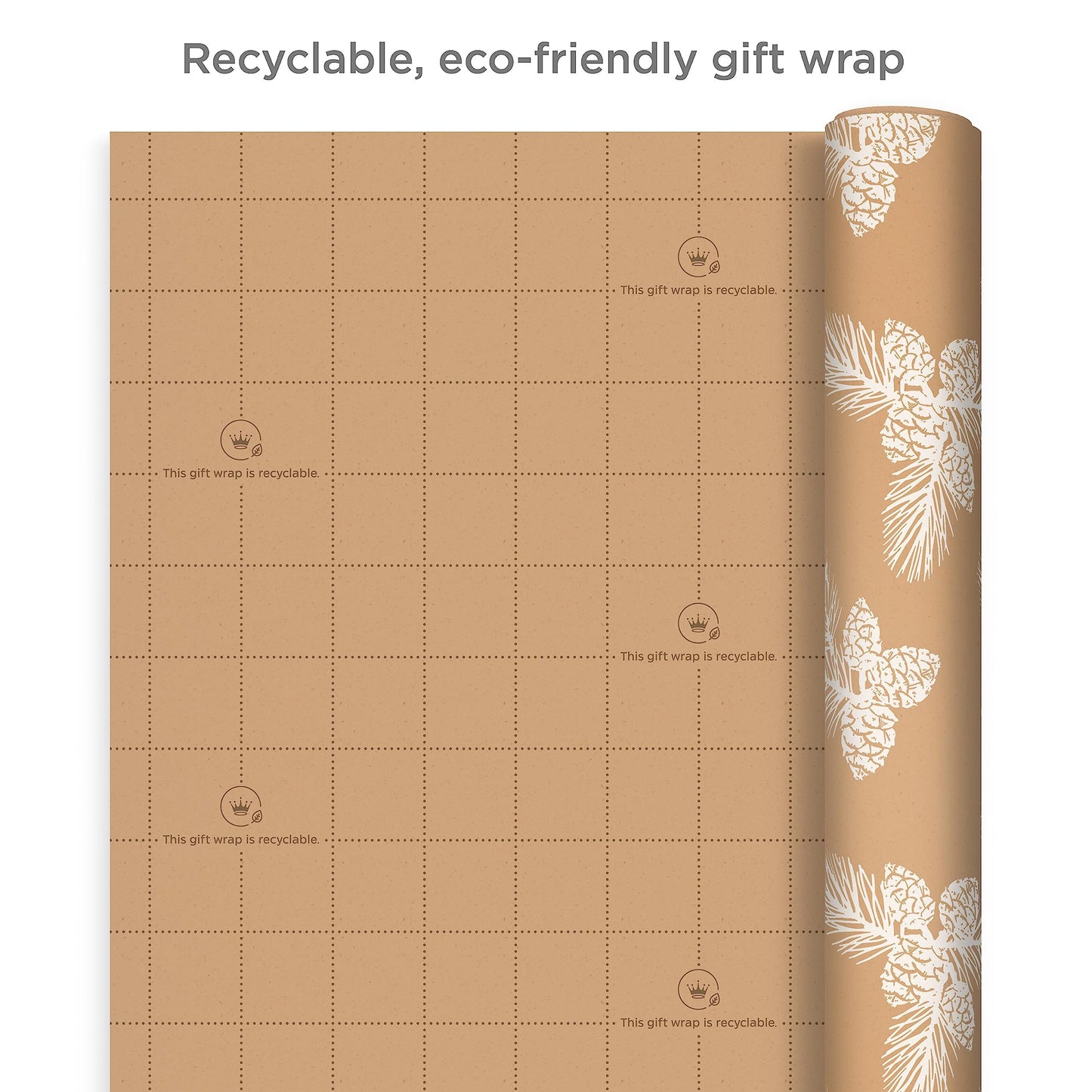 Hallmark Christmas Wrapping Paper Rolls - Green Trees, White Pine Cones on Recyclable Brown Kraft Gift Wrap Paper (Set of 2 Rolls: 150 sq. ft. ttl.) for Holiday Parties, Winter Weddings